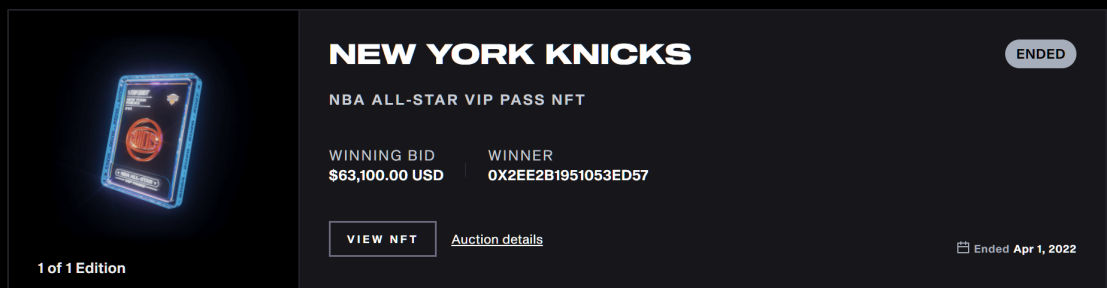 New York Knicks VIP NFT bid at $63,100.